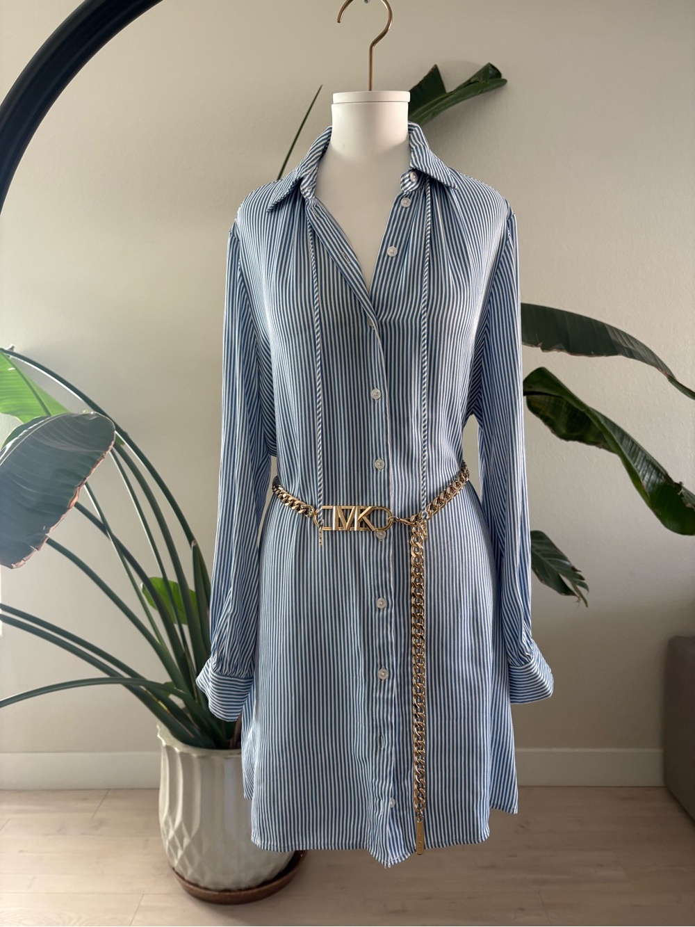 Michael Kors Blue and White Striped Shirt Dress with Gold Chain Belt